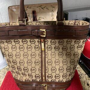 Michael Kor Canvas Monogram Bucket Handbag -Trimmed in Leather, Top Roll Handles